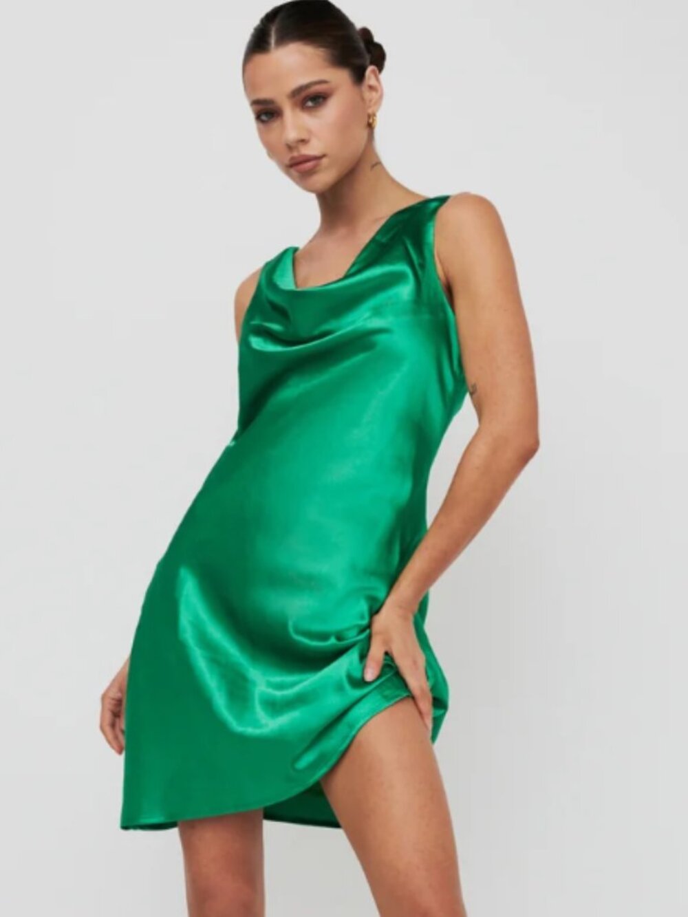 Lena NWT emerald green cowl neck low back satin mini dress size M holiday formal